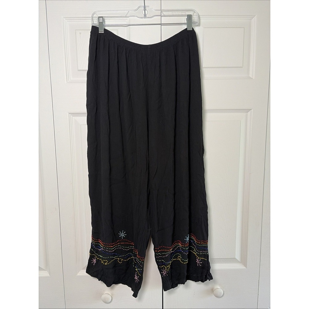 We Be Bop Beaded Crinkle Gaucho Pants Womens Size 2X Black Rainbow Rayon Artsy